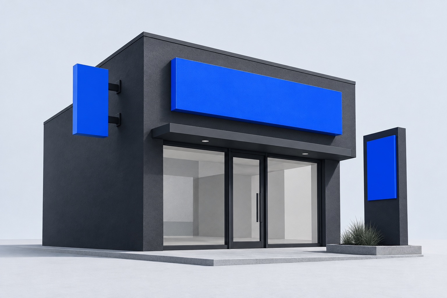 Architectural illustration of wall, projecting and freestanding signs