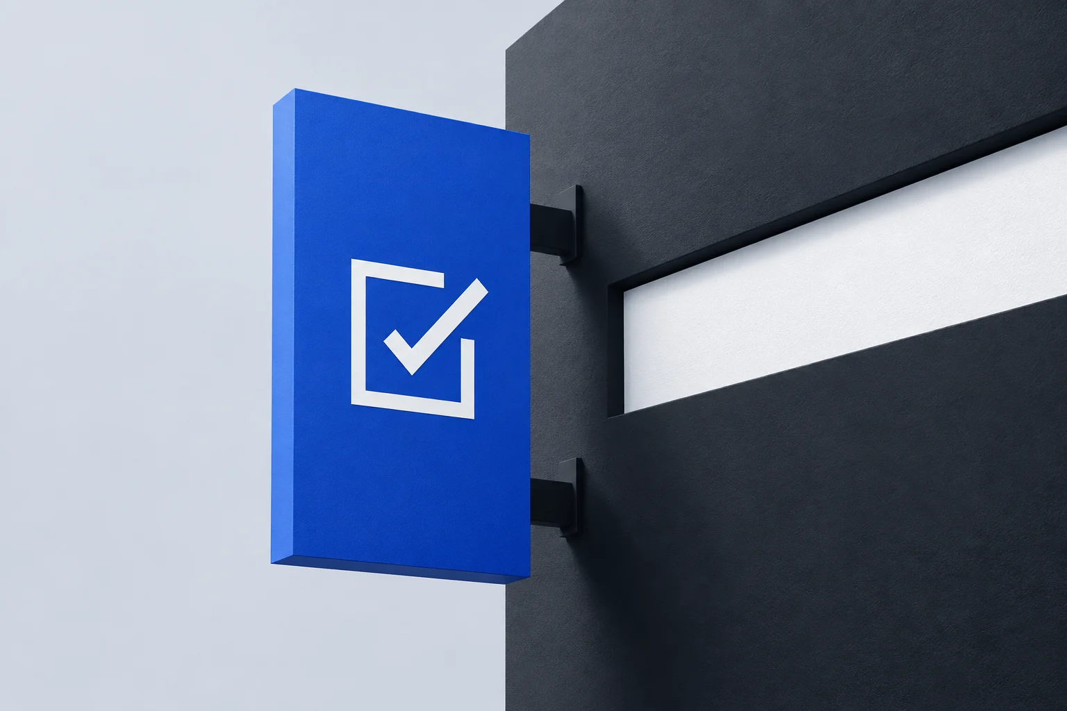 Abstract cobalt sign with an approval mark against charcoal architectural forms